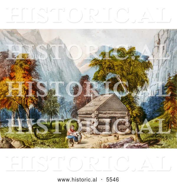 Historical Illustration of a Log Cabin in Yosemite