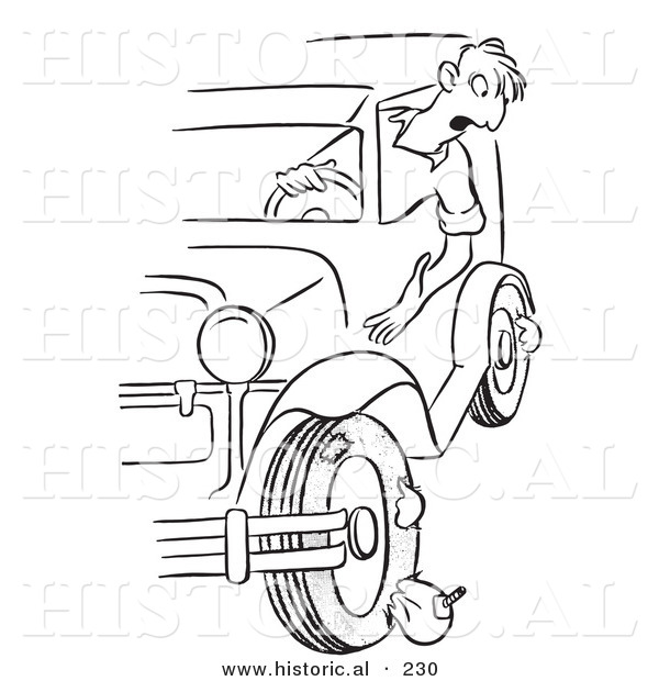 Historical Illustration of a Mad Cartoon Man Looking out of His Car Window at Blown out Flat Tires - Outlined Version