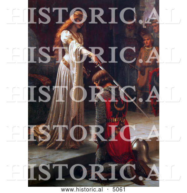 Historical Illustration of a Maiden Holding a Sword over a Man During a Knighting Ceremony, the Accolade by Edmund Blair Leighton