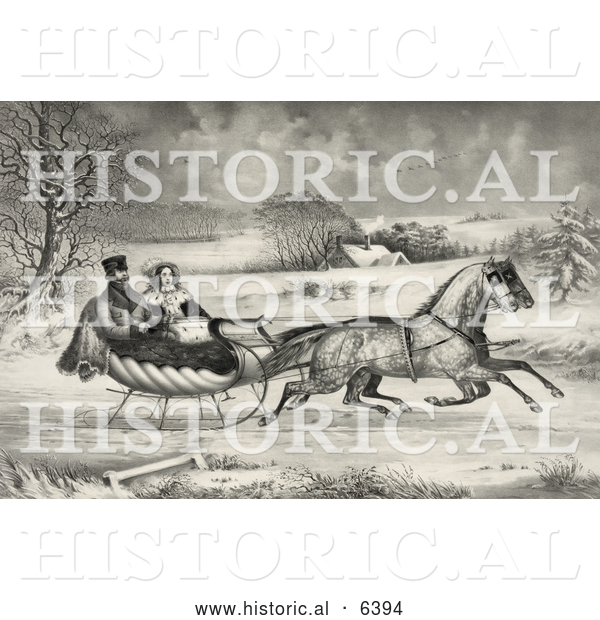 Historical Illustration of a Man and Lady Riding in a Horse Drawn Sleigh on a Wintry Road