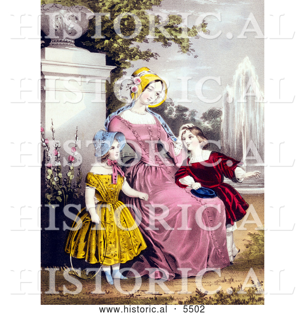 Historical Illustration of a Mother with Son and Daughter by a Water Fountain in a Park