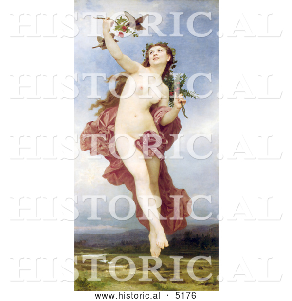 Historical Illustration of a Nude Woman Holding Branches with Berries, Feeding Birds, Day by William-Adolphe Bouguereau