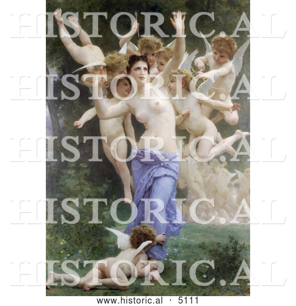 Historical Illustration of a Nude Woman Surrounded by Cherubs and Cupids with Arrows, the Invasion by William-Adolphe Bouguereau