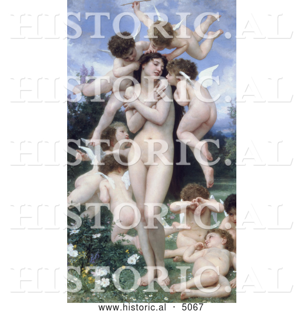 Historical Illustration of a Nude Woman Surrounded by Cherubs, Return of Spring, Le Printemps, by William-Adolphe Bouguereau