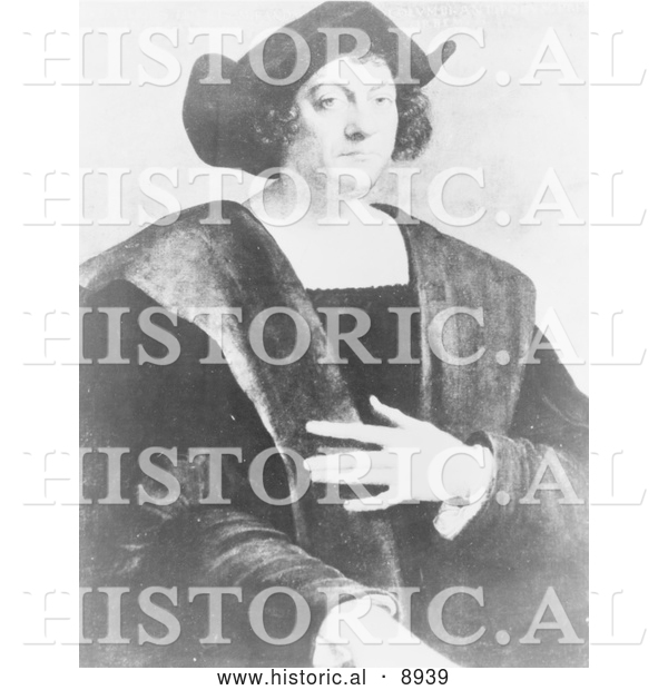 Historical Illustration of a Portrait of Christopher Columbus by Sebastiano Del Piombo - Black and White Version