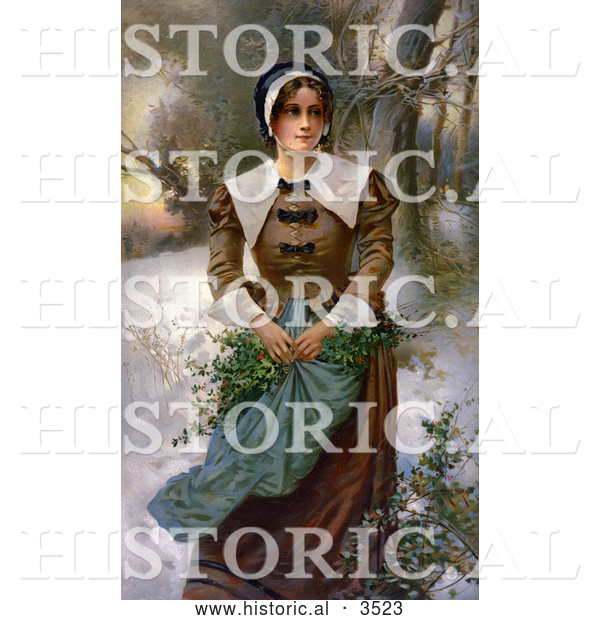 Historical Illustration of a Pretty Puritan Woman Holding Holly in Her Apron While Standing in the Snow