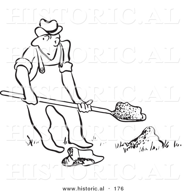 Historical Illustration of a Sneaky Cartoon Man Quietly Trying to Dig a Hole in the Ground with a Shovel - Outlined Version
