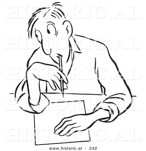 Historical Illustration of a Thinking Cartoon Man Sitting at His Desk with Blank Letter and Pen - Outlined Version