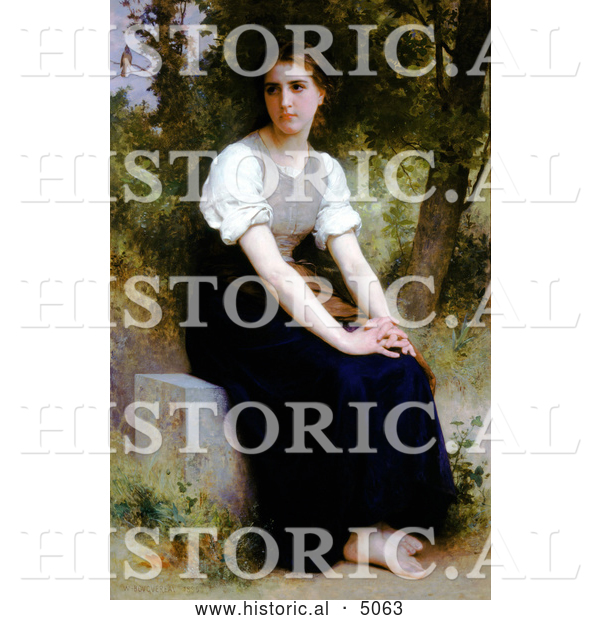 Historical Illustration of a Young Woman Sitting on a Stone Slab, the Song of the Nightingale by William-Adolphe Bouguereau