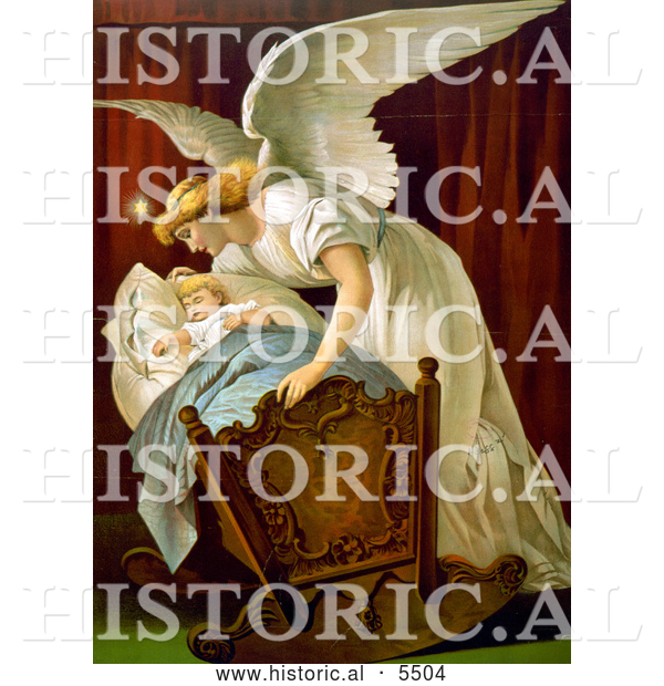 Historical Illustration of an Angel Rocking a Baby Cradle