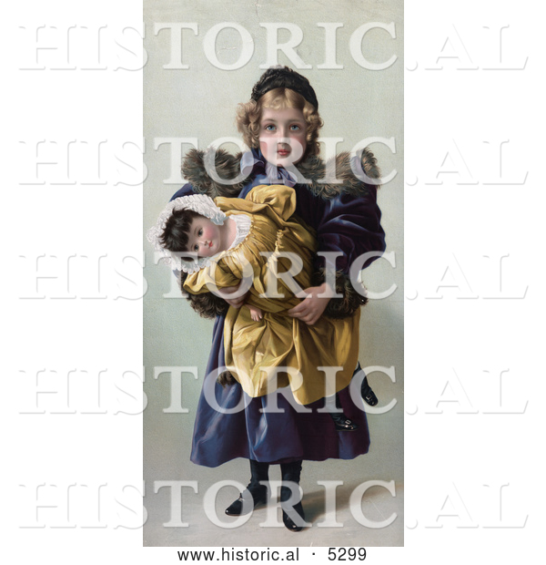 Historical Illustration of an Innocent Little Girl Holding Her Toy Doll