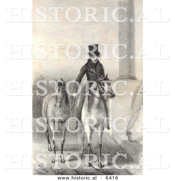 Historical Illustration of Andrew Jackson on Horseback While Walking Another Horse