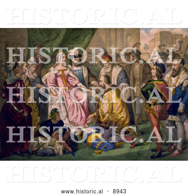 Historical Illustration of Christopher Columbus Kneeling in Front of Queen Isabella I and King Ferdinand V