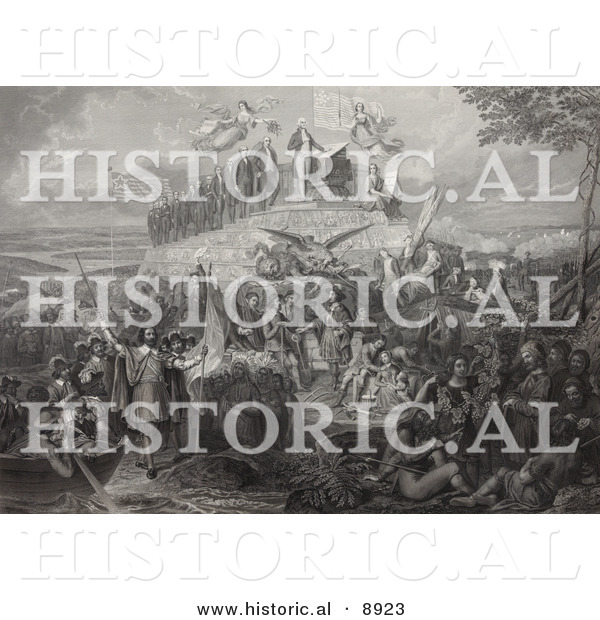 Historical Illustration of Christopher Columbus, Pilgrims, Battles and Presidents - Black and White Version