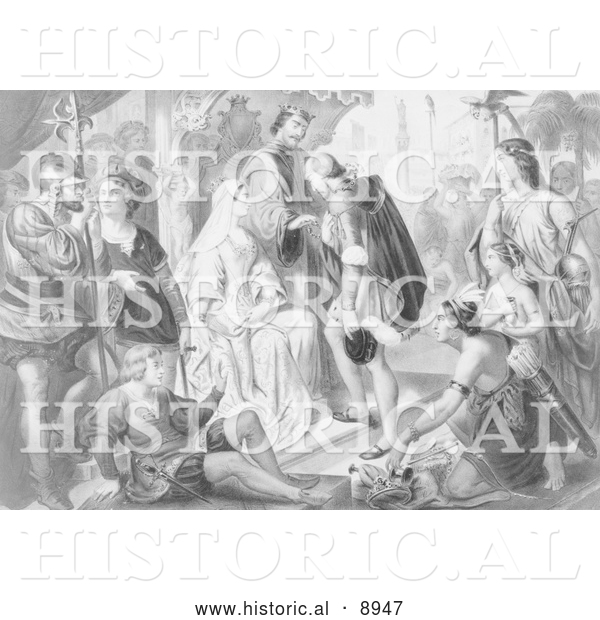 Historical Illustration of Columbus Being Greeted by King Ferdinand and Queen Isabella - Black and White Version