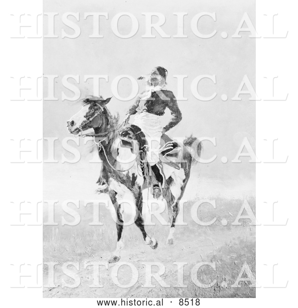 Historical Illustration of Comanche Indian on an American Paint Horse 1890 - Black and White Version