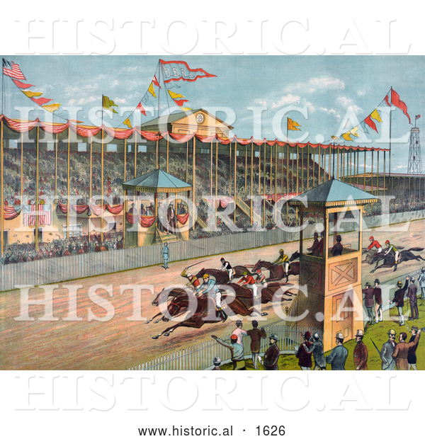 Historical Illustration of Excited Crowds Watching a Horse Race at the Brighton Beach Race Course in New Jersey