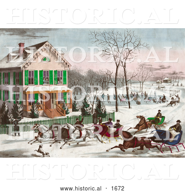 Historical Illustration of Four Horse Drawn Sleighs Racing down a Street in Front of a Home While People Watch or Ice Skate in the Background