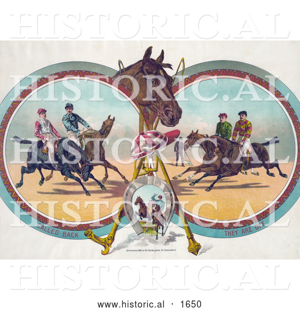 Historical Illustration of Four Racing Jockeys on Horseback, in Three Different Scenes