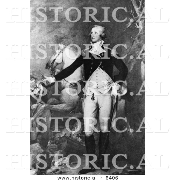 Historical Illustration of George Washington Standing with His Horse - Black and White Version