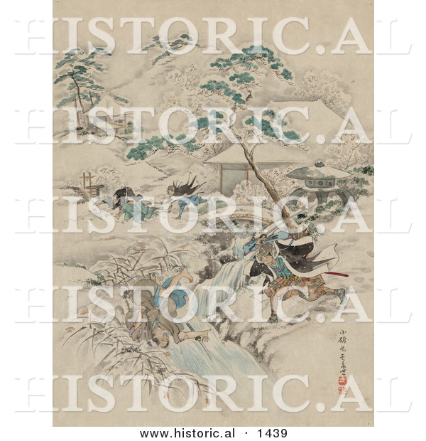Historical Illustration of Japanese Samurai Warriors Raiding a Community