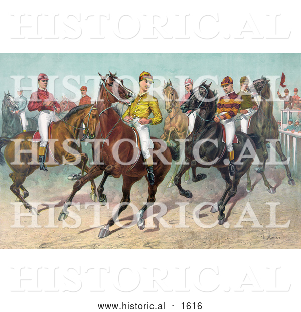Historical Illustration of Jockeys on Horseback, Ready for a Race