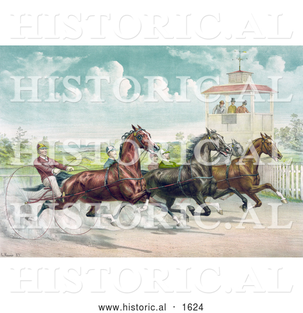 Historical Illustration of Judges Watching a Close Race Between Four Horse Harness Racing Jockeys