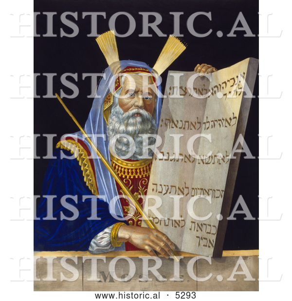 Historical Illustration of Moses Holding a Staff and a Tablet with the Ten Commandments on a Tablet