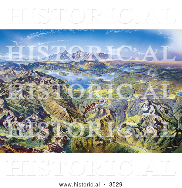 Historical Illustration of Panoramic Drawing of Yellowstone National Park by Heinrich Berann