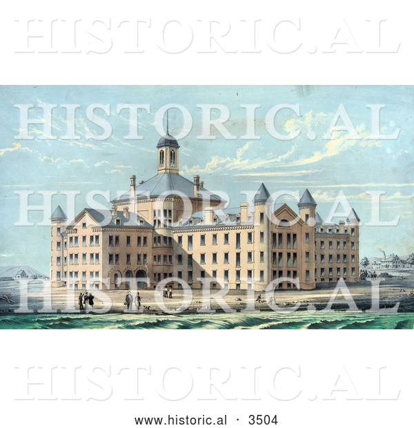 Historical Illustration of People on the Beach at New Alms House for the City of Boston in Massachusetts, on Deer Island