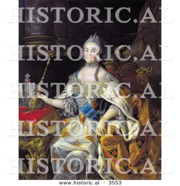 Historical Illustration of Queen Catherine II of Russia Sitting with a Wand