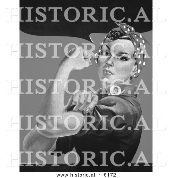 Historical Illustration of Rosie the Riveter Flexing Her Left Arm - Black and White Version Without Text