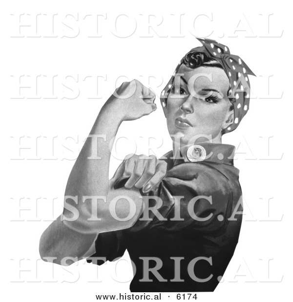 Historical Illustration of Rosie the Riveter Flexing Left Bicep - Black and White Version