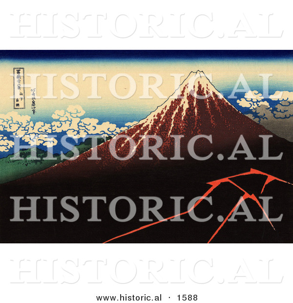 Historical Illustration of Shower Below the Summit - Katsushika Hokusai - Mt Fuji