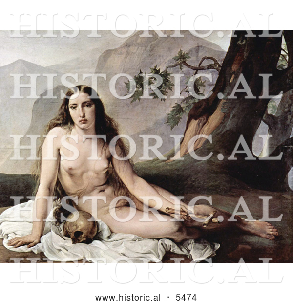 Historical Illustration of Sorrowful Mary Magdalene Seated Nude with a Human Skull and Cross