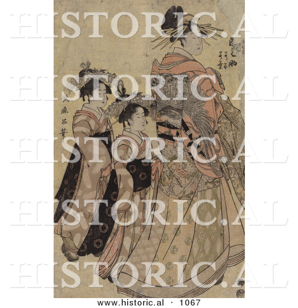 Historical Illustration of the Asian Courtesian, Somenosuke, Featuring Two Attendants