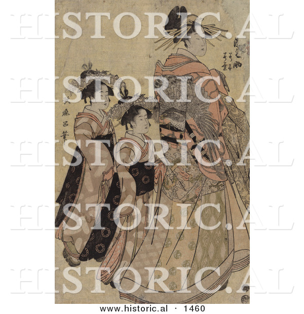 Historical Illustration of the Asian Courtesian, Somenosuke, with Two Attendants