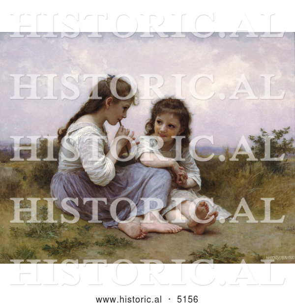 Historical Illustration of Two Little Girls Playing an Instrument, a Childhood Idyll by William-Adolphe Bouguereau