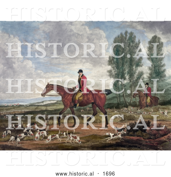 Historical Illustration of Two Men on Horseback, Fox Hunting with Dogs