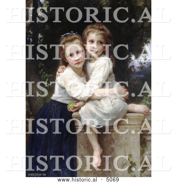 Historical Illustration of Two Sisters Hugging on a Stone Wall, by William-Adolphe Bouguereau