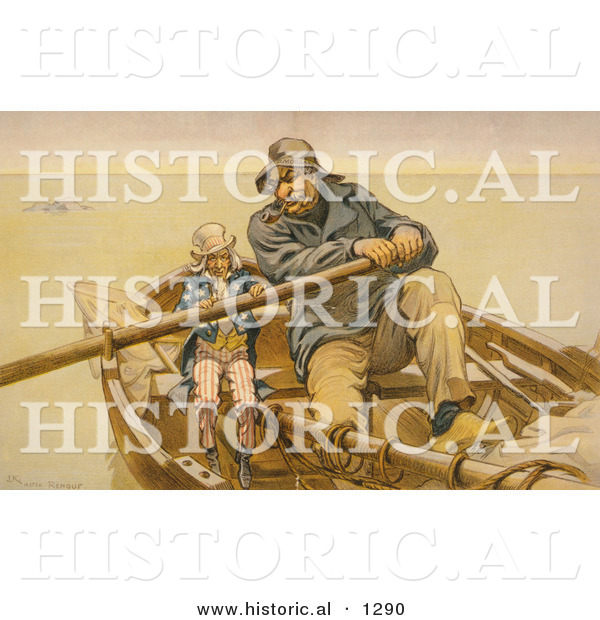 Historical Illustration of Uncle Sam and John Pierpont Morgan Rowing Boat - the Helping Hand