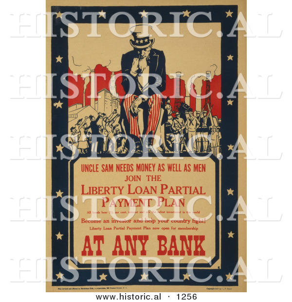 Historical Illustration of Uncle Sam Needs Money As Well As Men - Join the Liberty Loan Partial Payment Plan at Any Bank