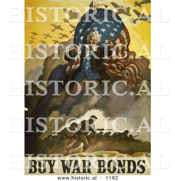 Historical Illustration of Uncle Sam over Military Troops - Buy War Bonds Poster