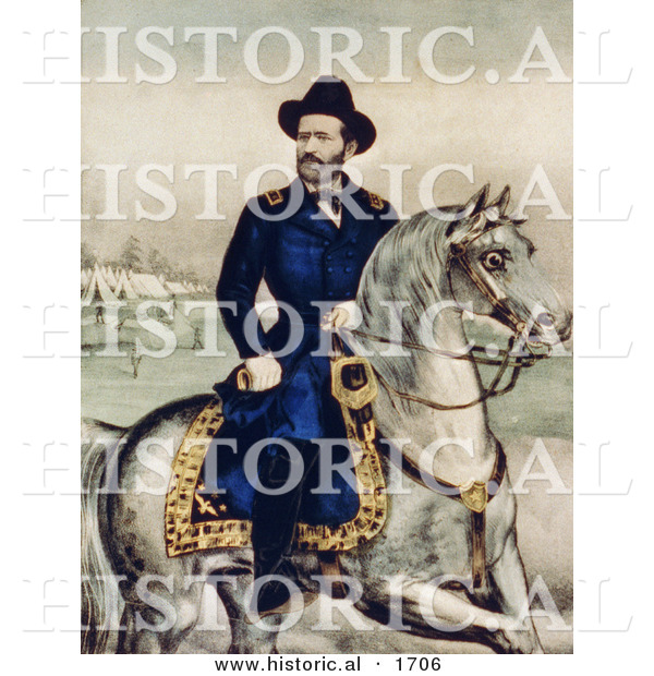 Historical Illustration of Union Lieutenant General Ulysses S. Grant Riding a White Horse