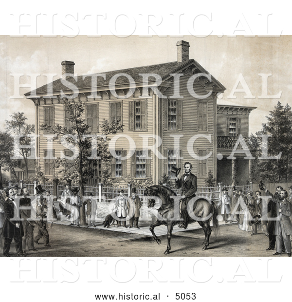 Historical Illustration of Villagers Greeting Abraham Lincoln on Horseback in Front of His House in Springfield, Illinois