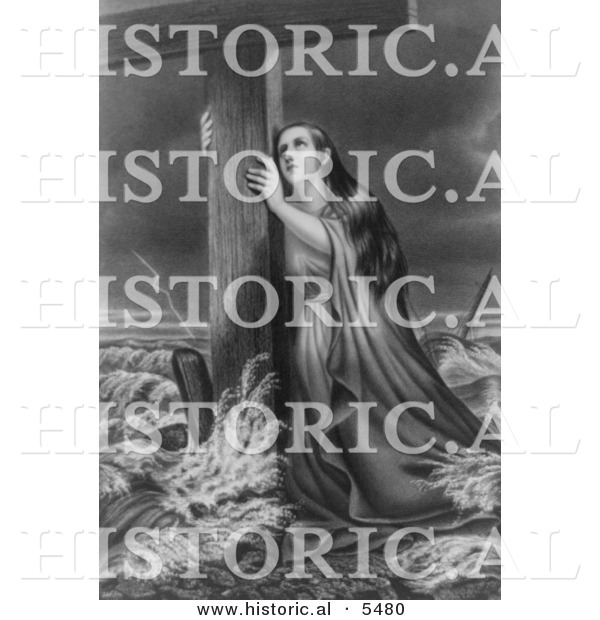 Historical Illustration of Woman Resting Against a Wooden Cross While in Stormy Sea - Black and White Version