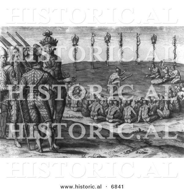 Historical Image of a Triumphant and Solemn Ritual in Celebration of the Defeat of an Enemy - Native American Indians - Black and White Version