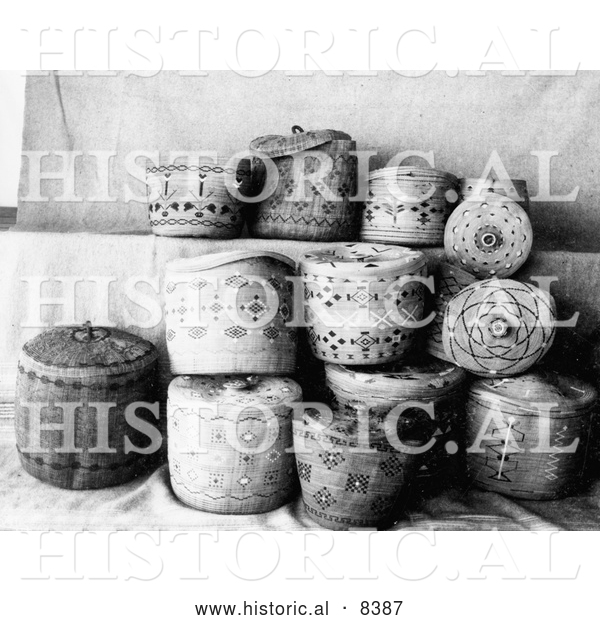 Historical Image of Aleutian and Eskimo Baskets - Black and White Version