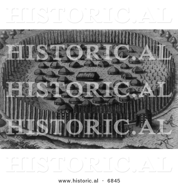 Historical Image of Fortified Village of Houses of Florida Indians - Black and White Version