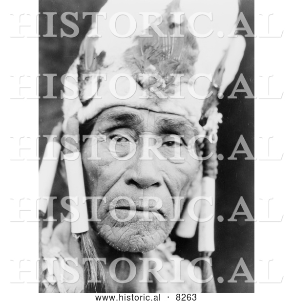 Historical Image of Klamath Man Wearing Head Dress 1923 - Black and White Version